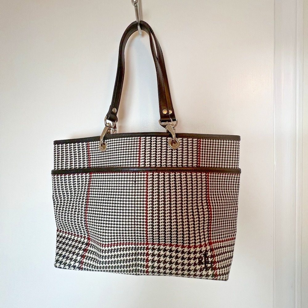 RALPH LAUREN RLL Houndstooth Plaid Leather Trimmed Tote Bag Hand Purse Vintage - Picture 3 of 16